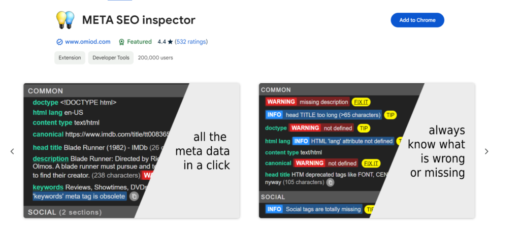 Meta SEO Inspector Chrome Store Extension Screenshot